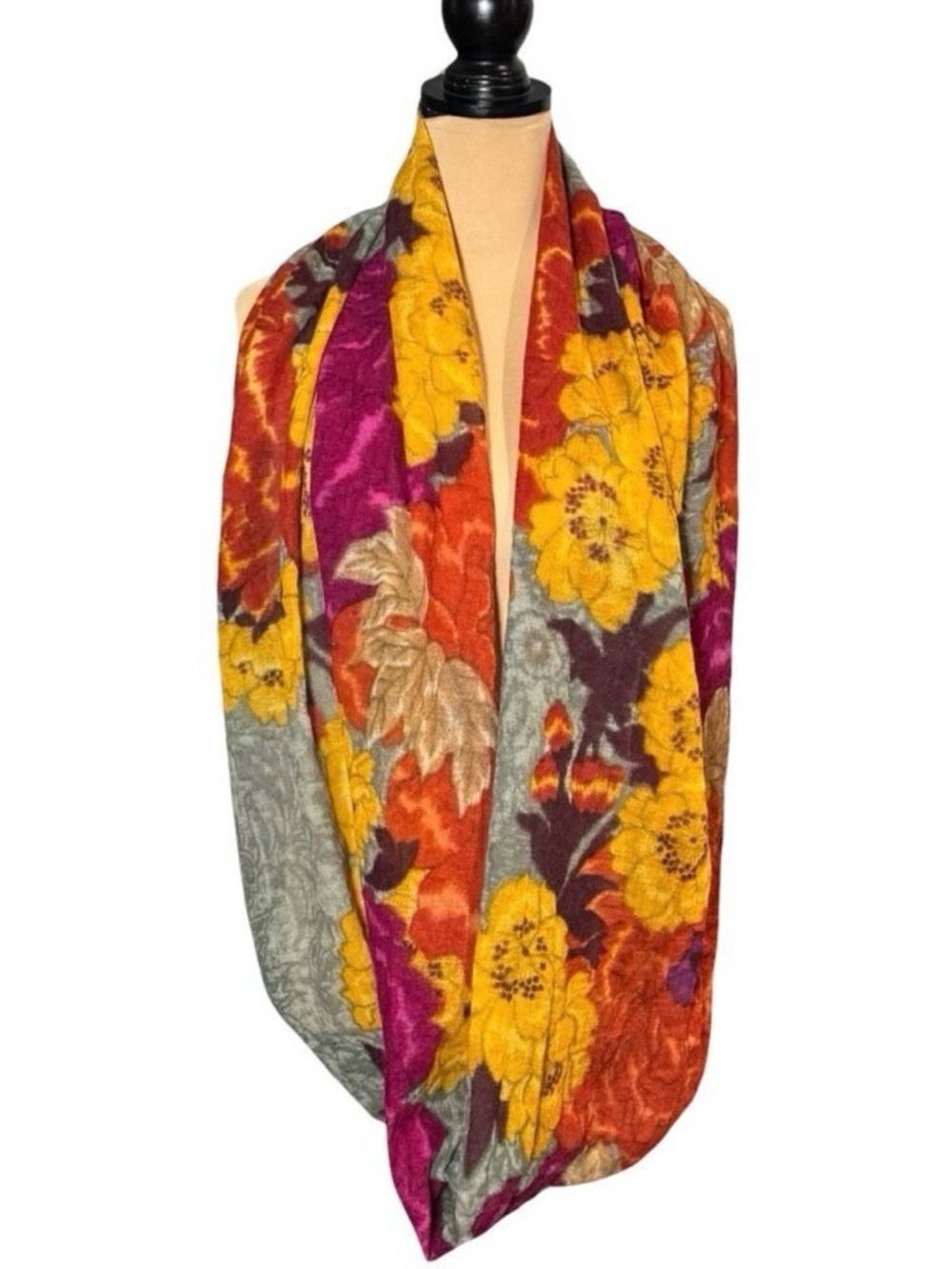 Vismaya Wool Silk Infinity Scarf Floral Lagenlook Look Art To Wear Floral